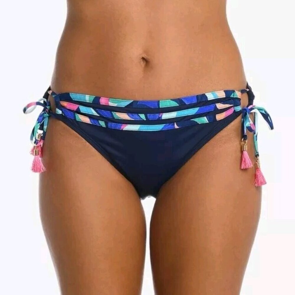 La Blanca Painted Leaves bikini bottom navy blue side tie tassel swim new 14